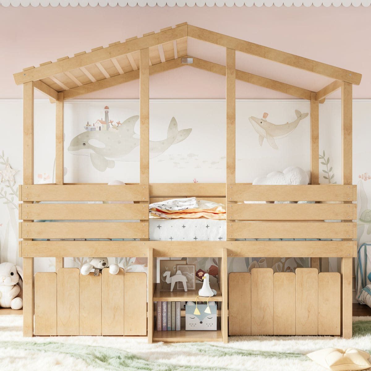 Loft Streamdale Twin House Loft Bed with Stairs and 2 Storage Drawers, Natural