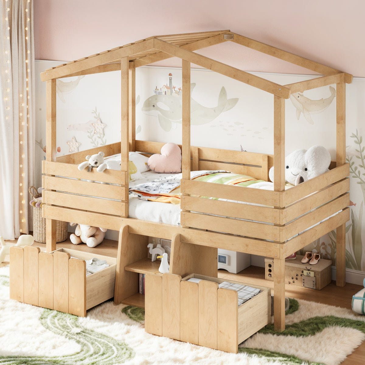 Loft Streamdale Twin House Loft Bed with Stairs and 2 Storage Drawers, Natural