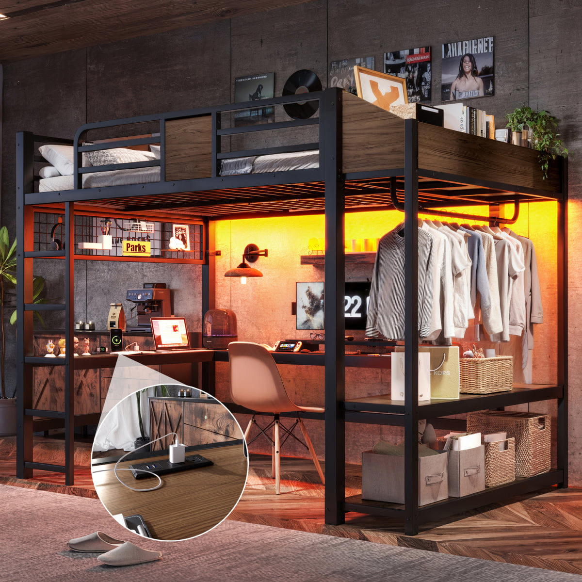 Loft Streamdale Full Metal Loft Bed with L - Shaped Desk, LED Lights, Shelves & USB, Black/Brown