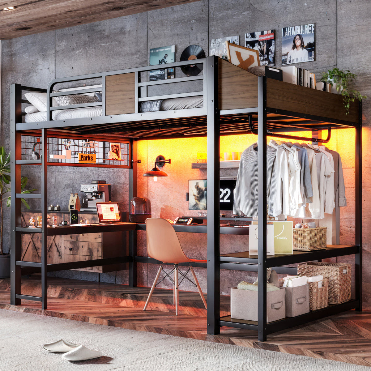 Loft Streamdale Full Metal Loft Bed with L - Shaped Desk, LED Lights, Shelves & USB, Black/Brown