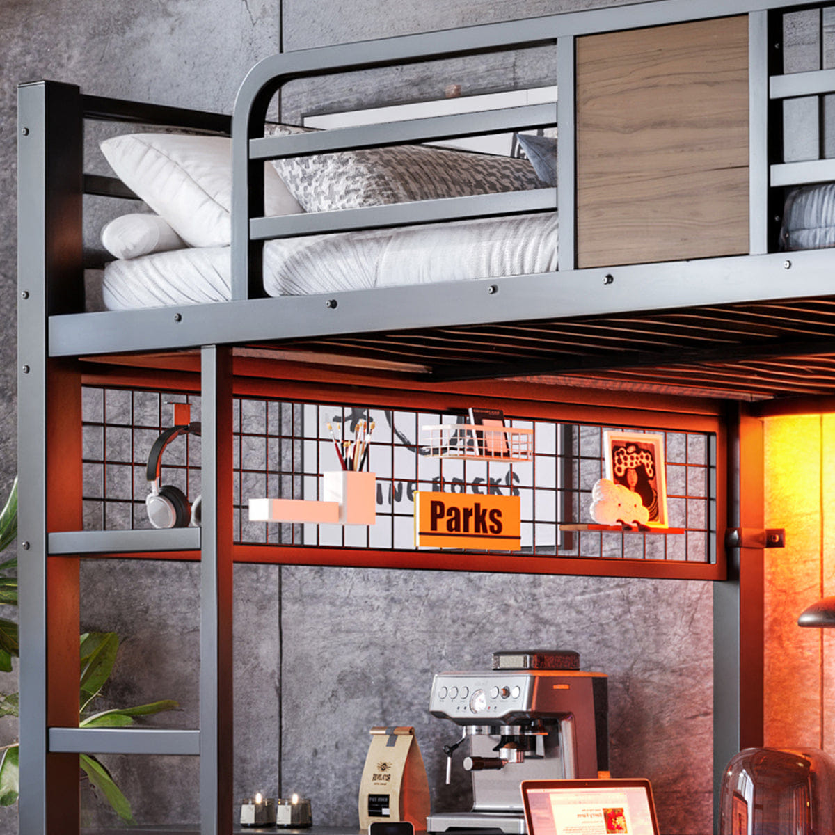 Loft Streamdale Full Metal Loft Bed with L - Shaped Desk, LED Lights, Shelves & USB, Black/Brown