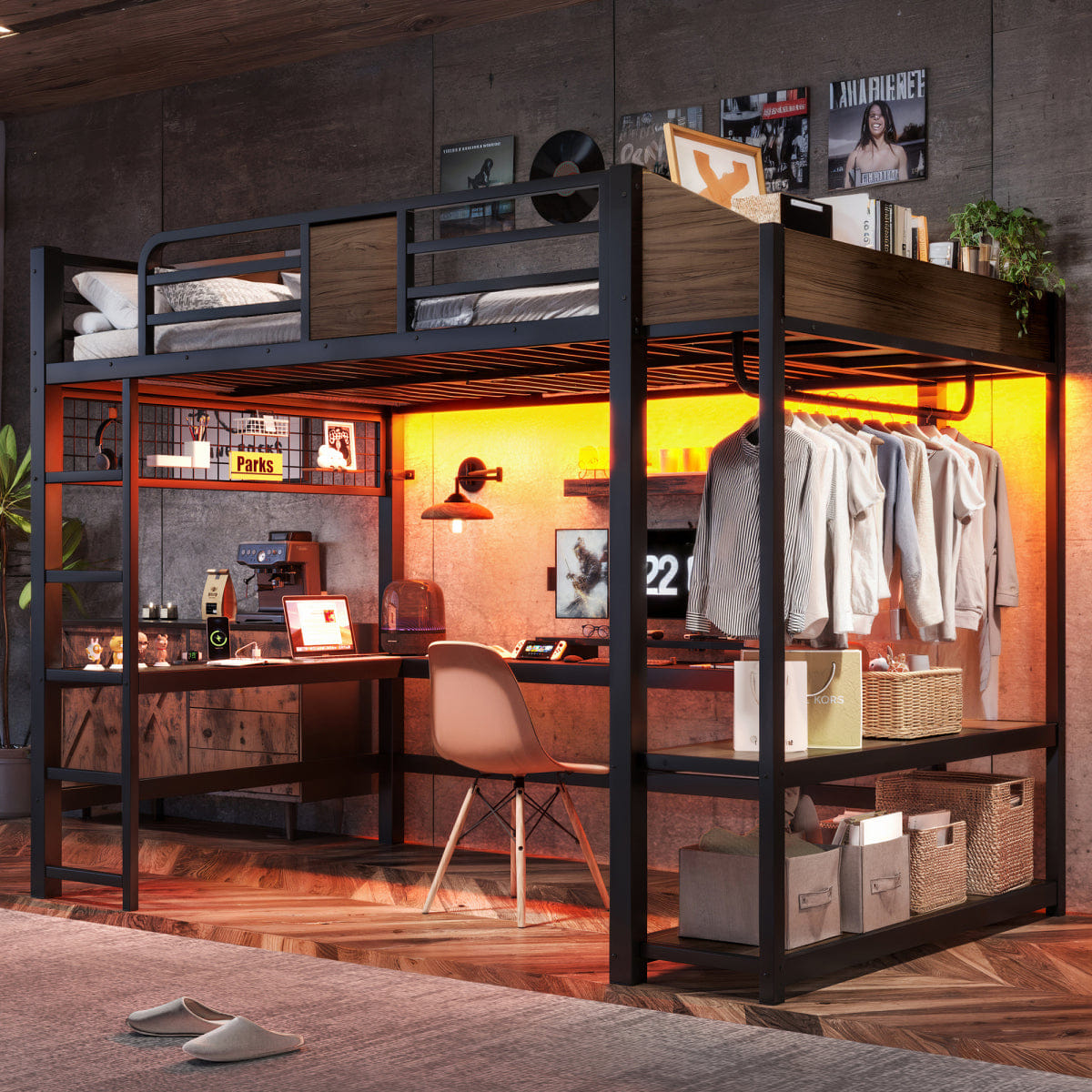 Loft Streamdale Full Metal Loft Bed with L - Shaped Desk, LED Lights, Shelves & USB, Black/Brown