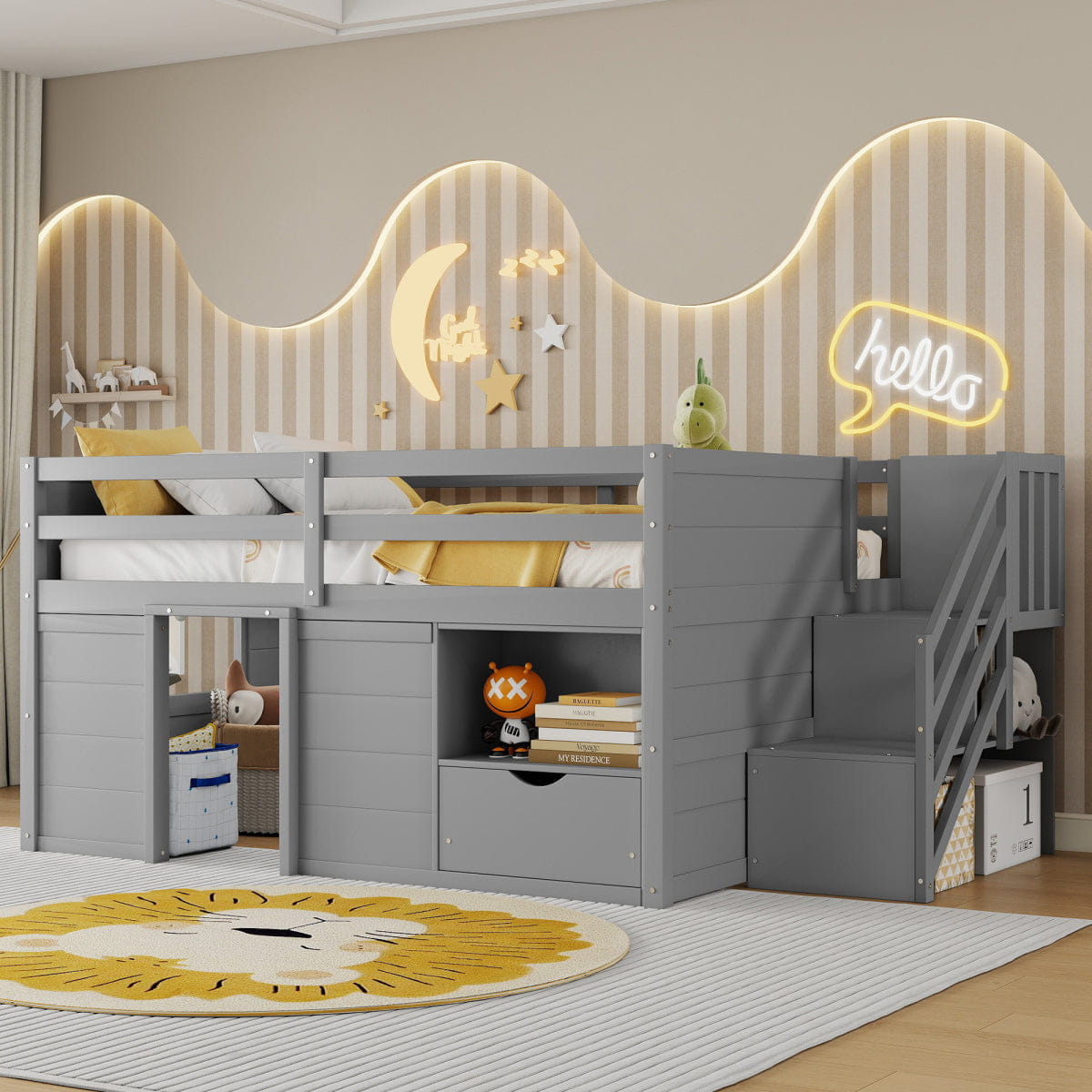 WOOD Streamdale Full Size Wood Low Loft Bed with Stairs, Storage & LED Lights, Gray
