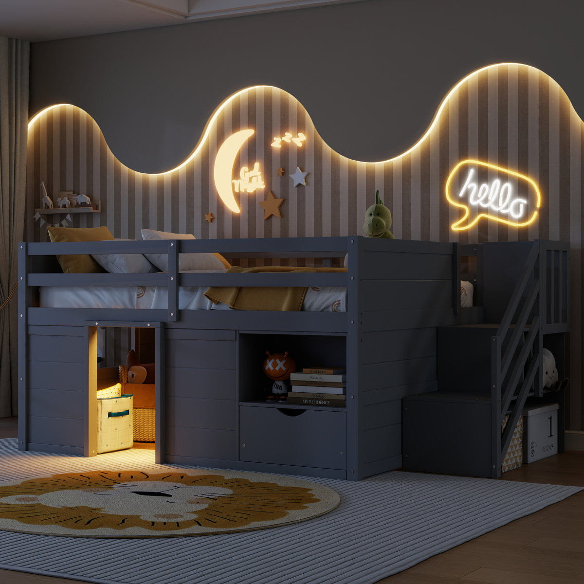 WOOD Streamdale Full Size Wood Low Loft Bed with Stairs, Storage & LED Lights, Gray