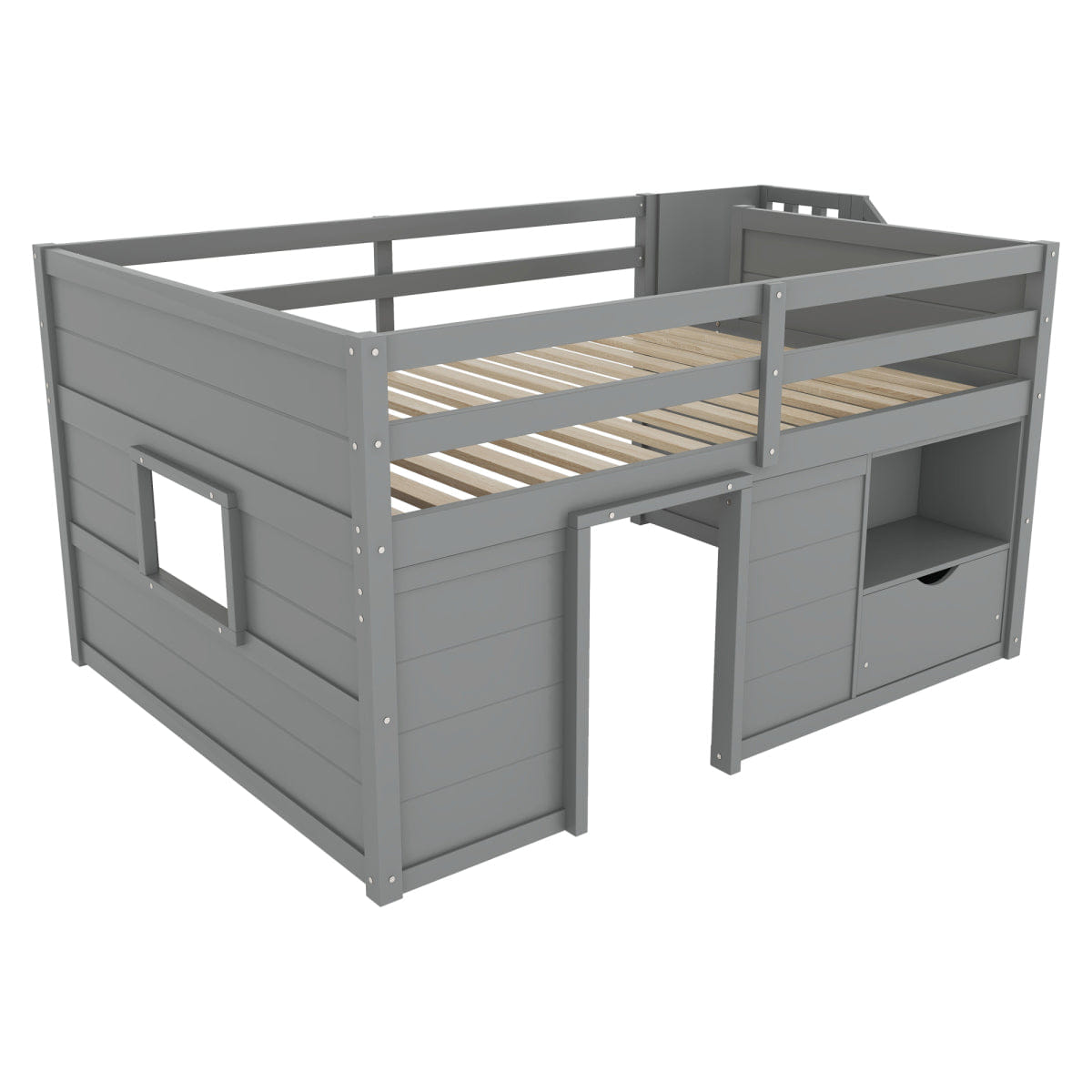 WOOD Streamdale Full Size Wood Low Loft Bed with Stairs, Storage & LED Lights, Gray