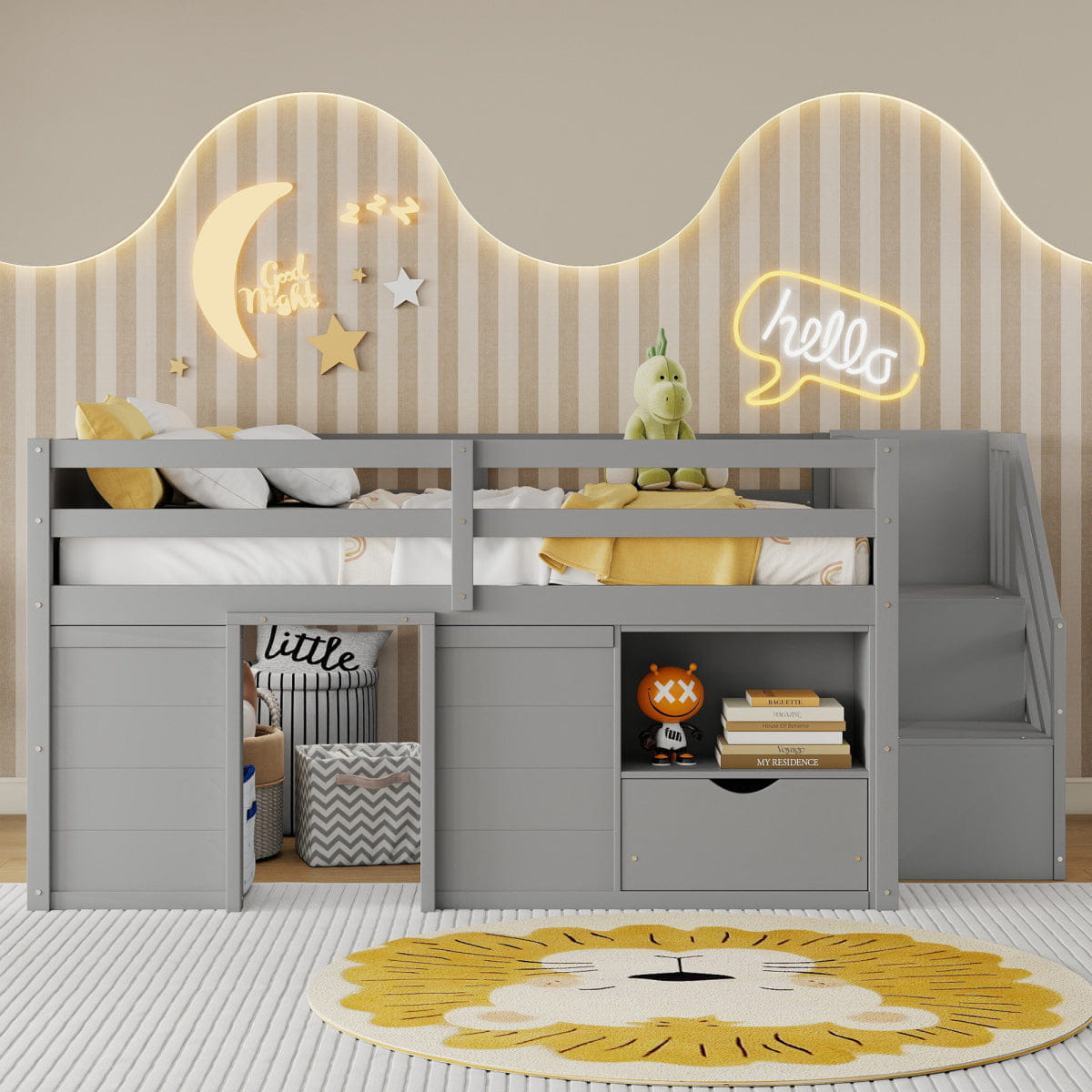 WOOD Streamdale Full Size Wood Low Loft Bed with Stairs, Storage & LED Lights, Gray