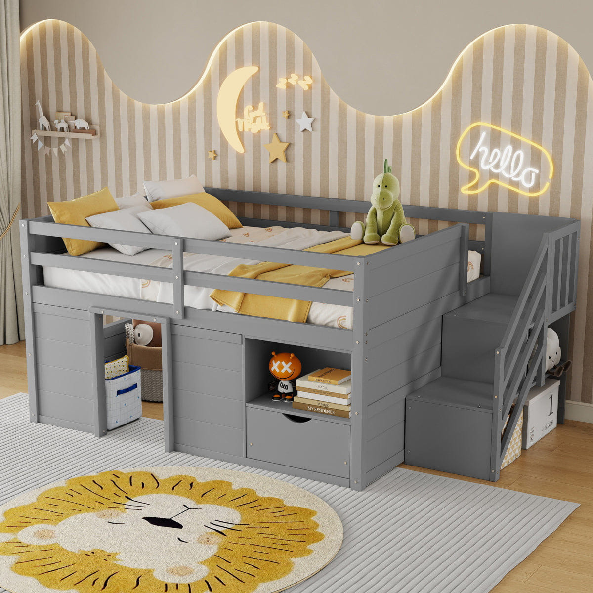 WOOD Streamdale Full Size Wood Low Loft Bed with Stairs, Storage & LED Lights, Gray