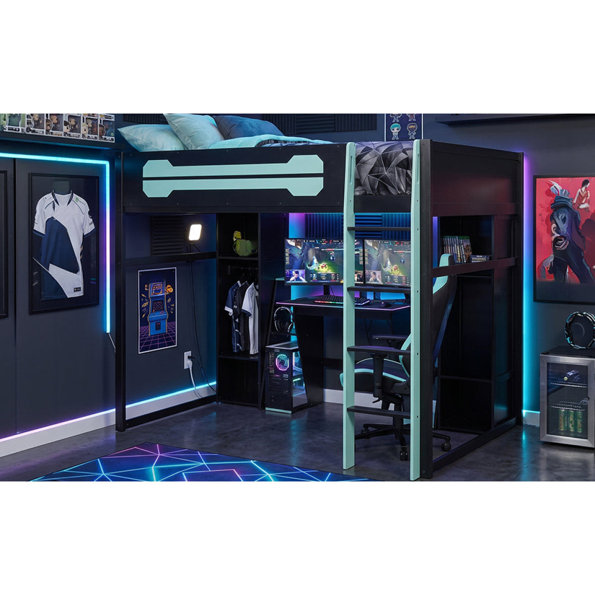 Loft Streamdale Full - Size Wooden Gaming Loft Bed with Desk, Storage & LED Light - Blue