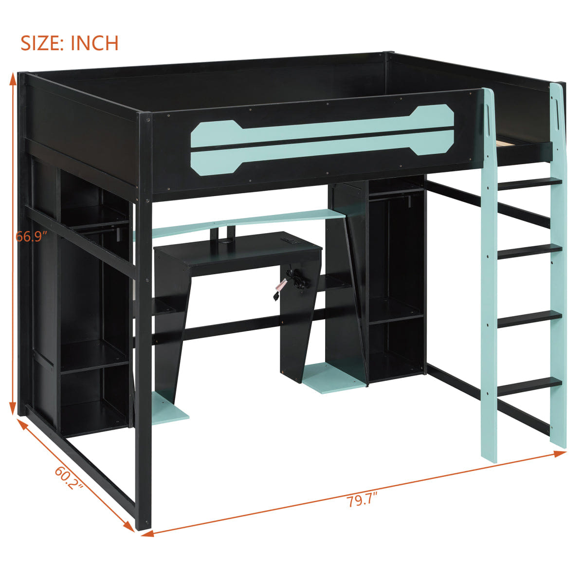 Loft Streamdale Full - Size Wooden Gaming Loft Bed with Desk, Storage & LED Light - Blue
