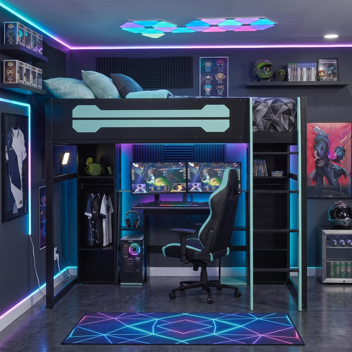 Loft Streamdale Full - Size Wooden Gaming Loft Bed with Desk, Storage & LED Light - Blue
