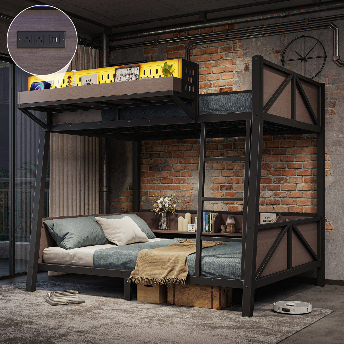 And Streamdale Twin Bunk Bed with LED Lights, USB Ports, and Storage Shelves