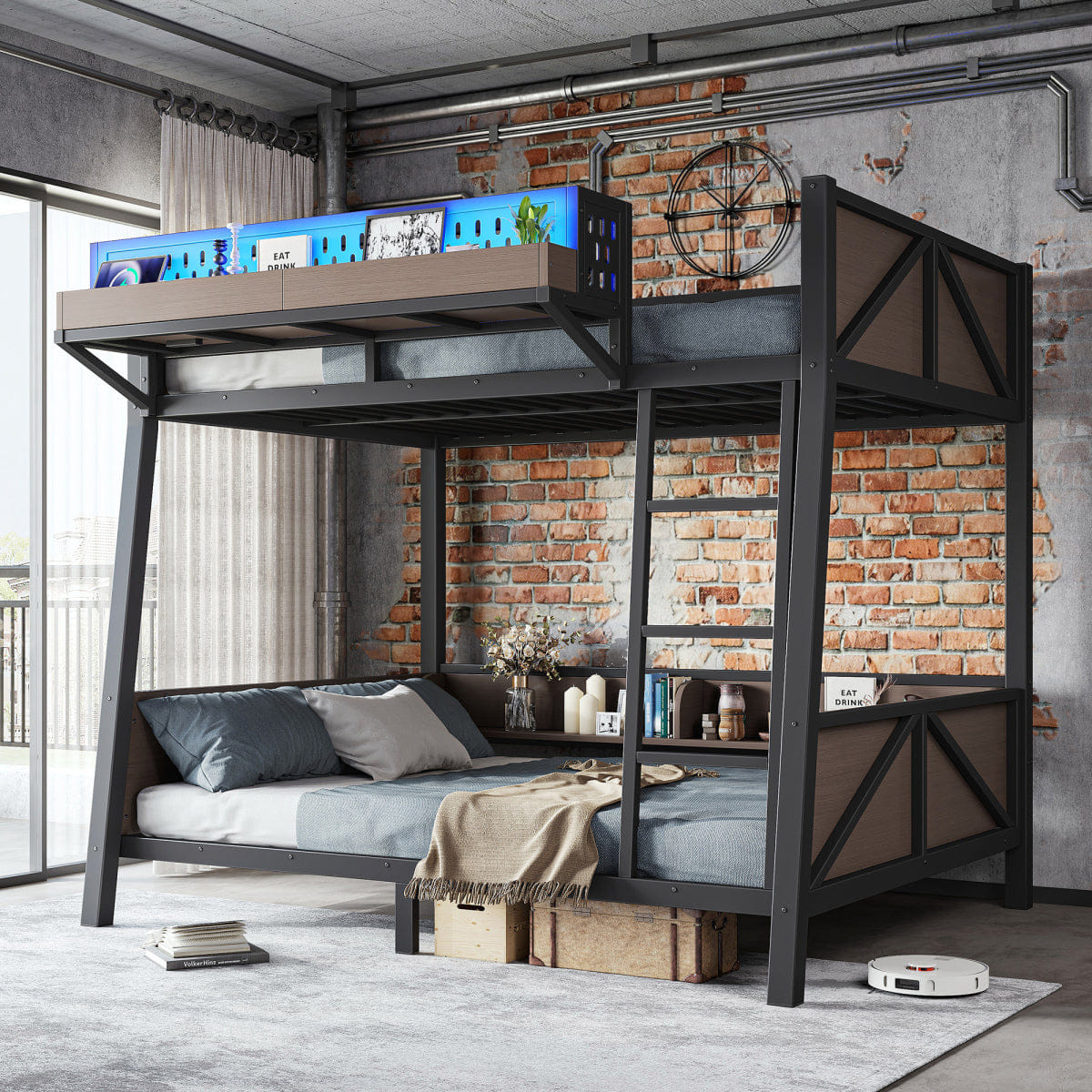 And Streamdale Twin Bunk Bed with LED Lights, USB Ports, and Storage Shelves