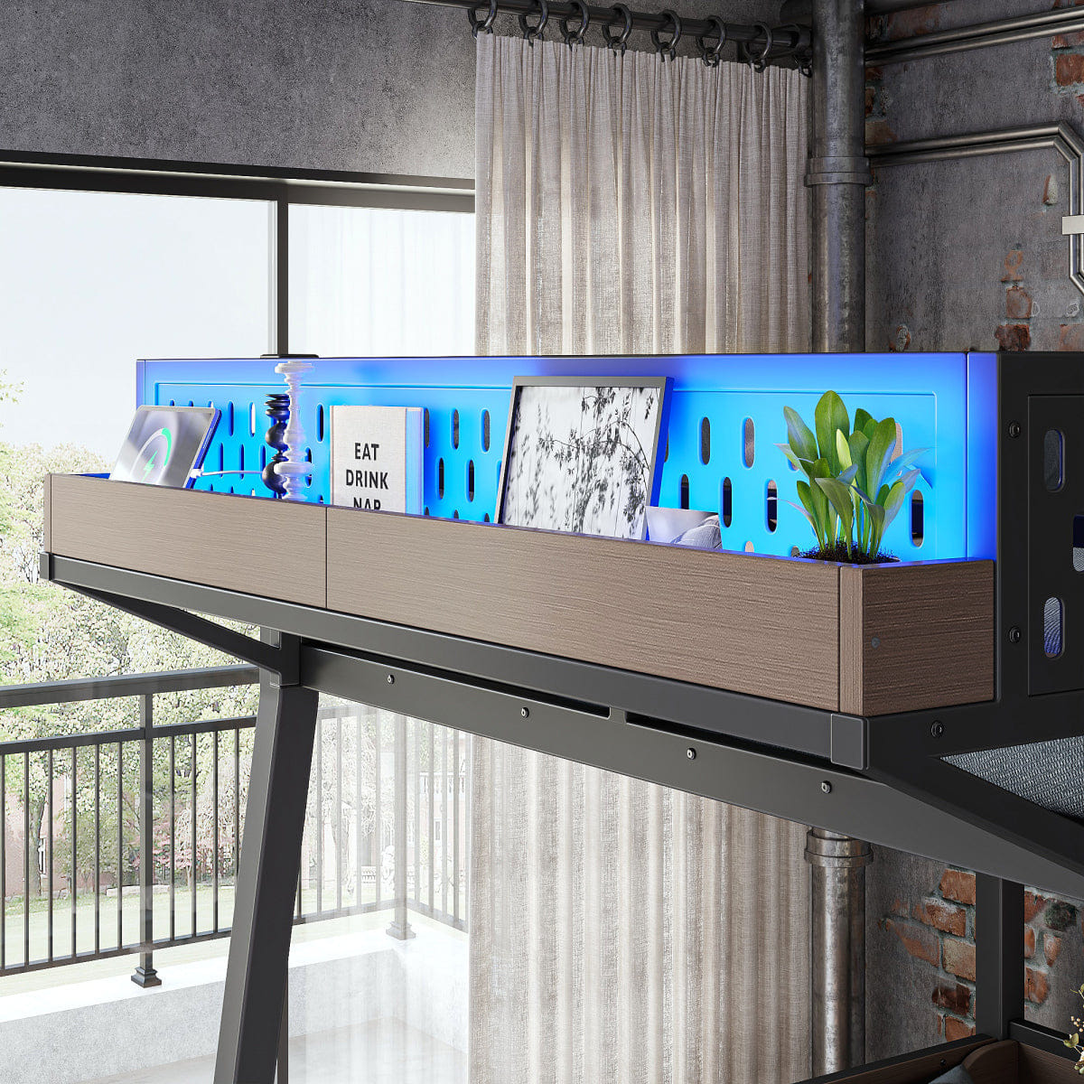 And Streamdale Twin Bunk Bed with LED Lights, USB Ports, and Storage Shelves