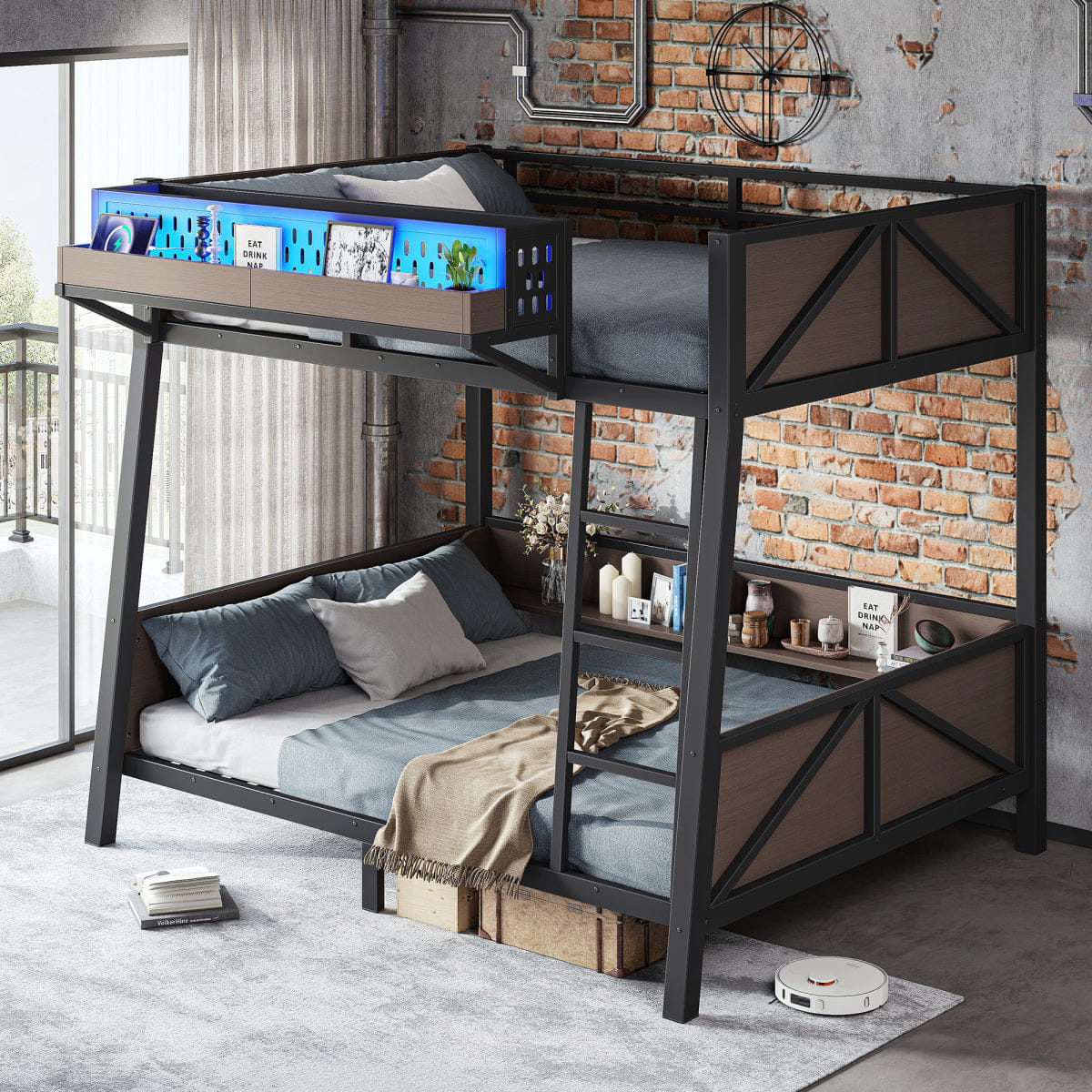 And Streamdale Twin Bunk Bed with LED Lights, USB Ports, and Storage Shelves