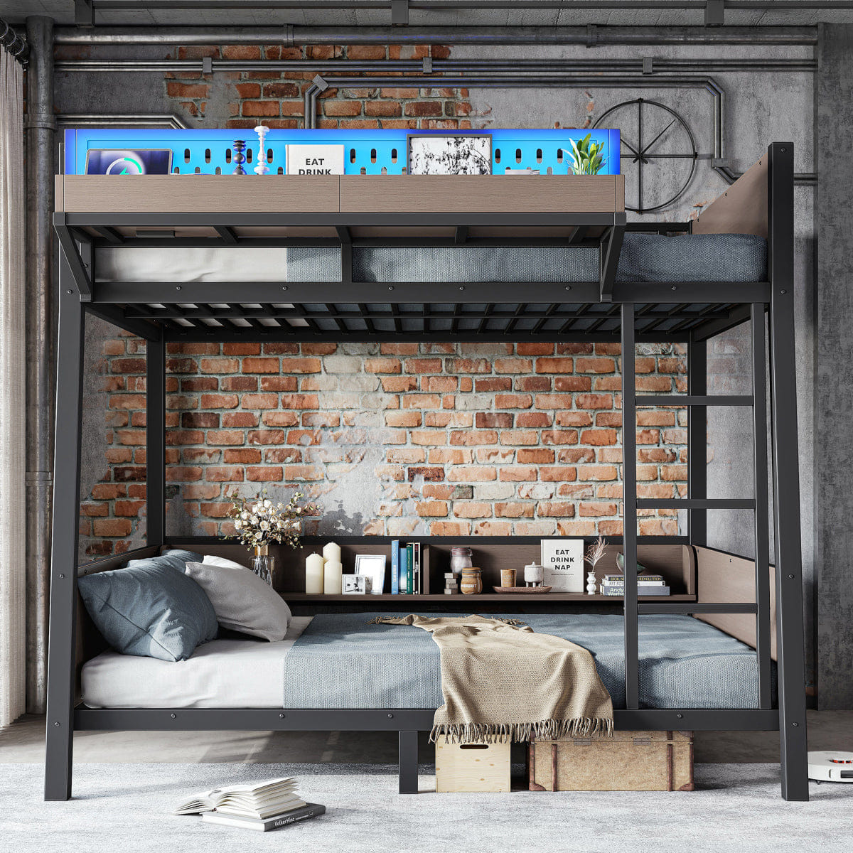 And Streamdale Twin Bunk Bed with LED Lights, USB Ports, and Storage Shelves