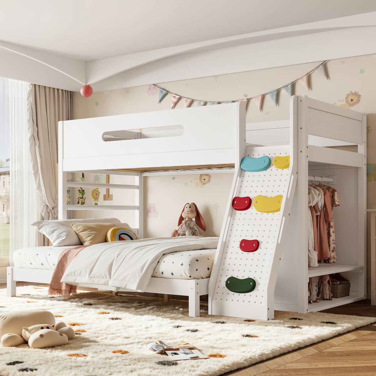 WOOD Streamdale Twin XL/Queen Wood Bunk Bed with Wardrobe, Storage, and Rock Climbing Wall