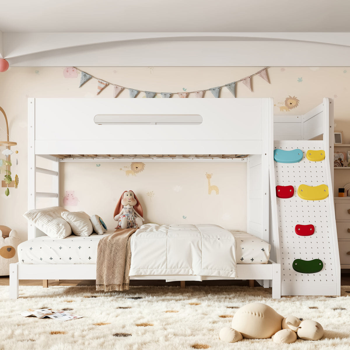 WOOD Streamdale Twin XL/Queen Wood Bunk Bed with Wardrobe, Storage, and Rock Climbing Wall