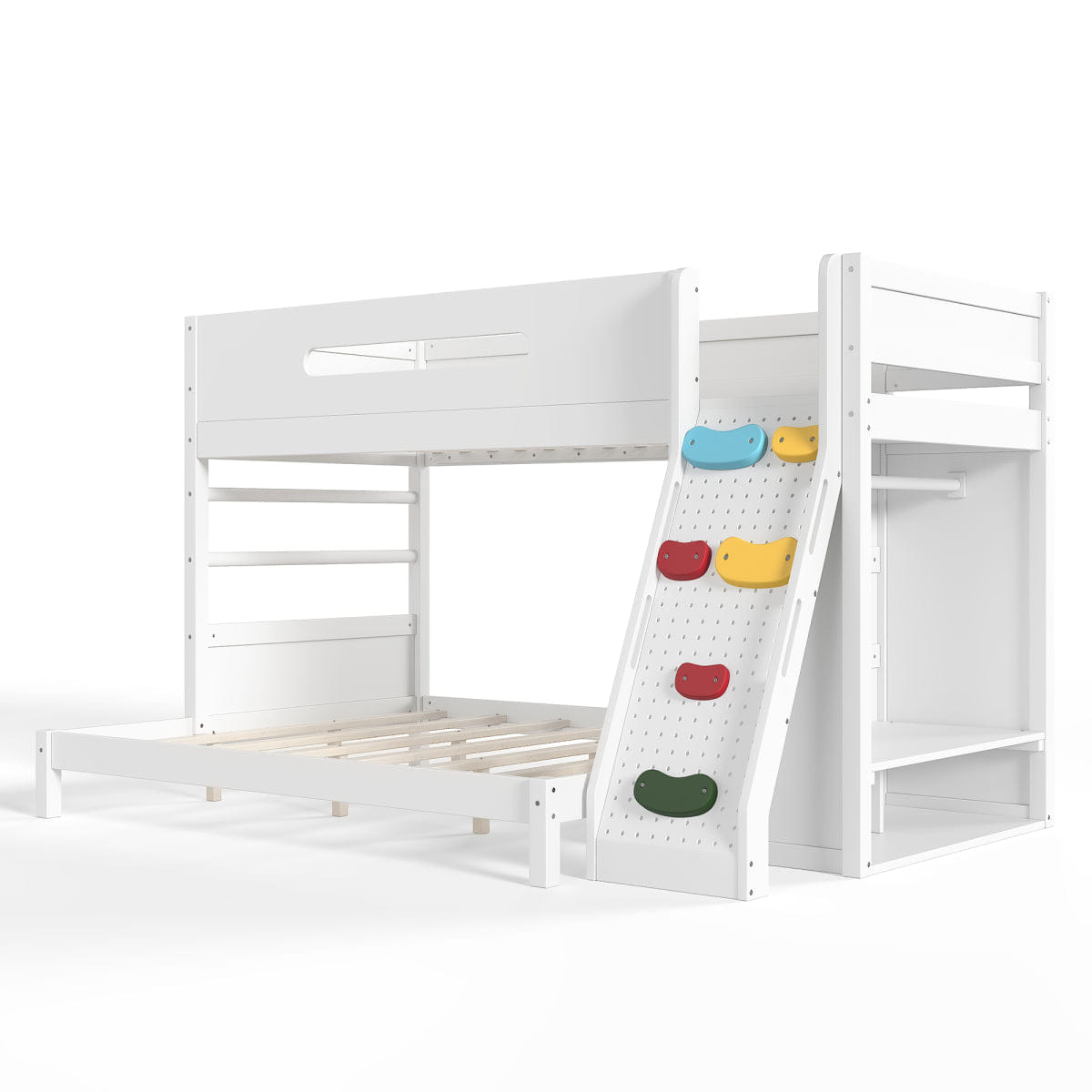 WOOD Streamdale Twin XL/Queen Wood Bunk Bed with Wardrobe, Storage, and Rock Climbing Wall