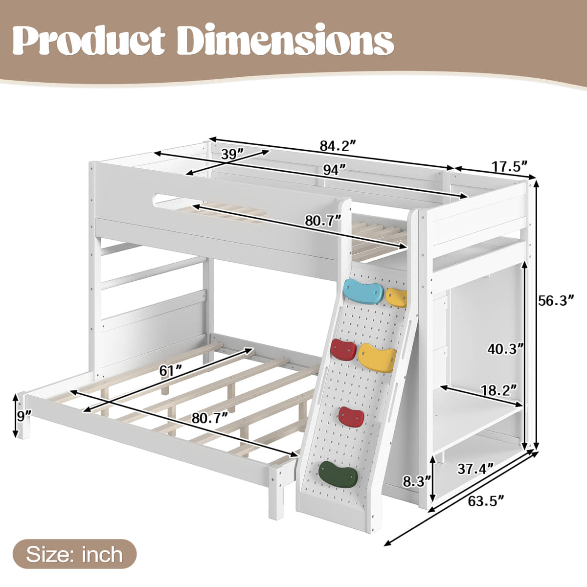 WOOD Streamdale Twin XL/Queen Wood Bunk Bed with Wardrobe, Storage, and Rock Climbing Wall