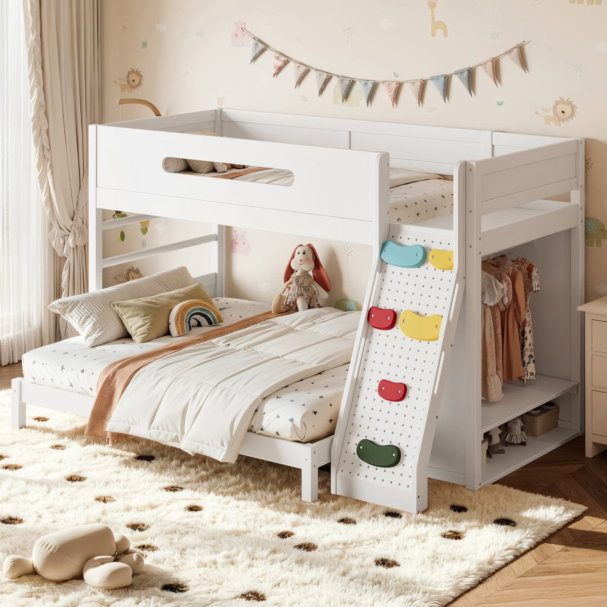WOOD Streamdale Twin XL/Queen Wood Bunk Bed with Wardrobe, Storage, and Rock Climbing Wall