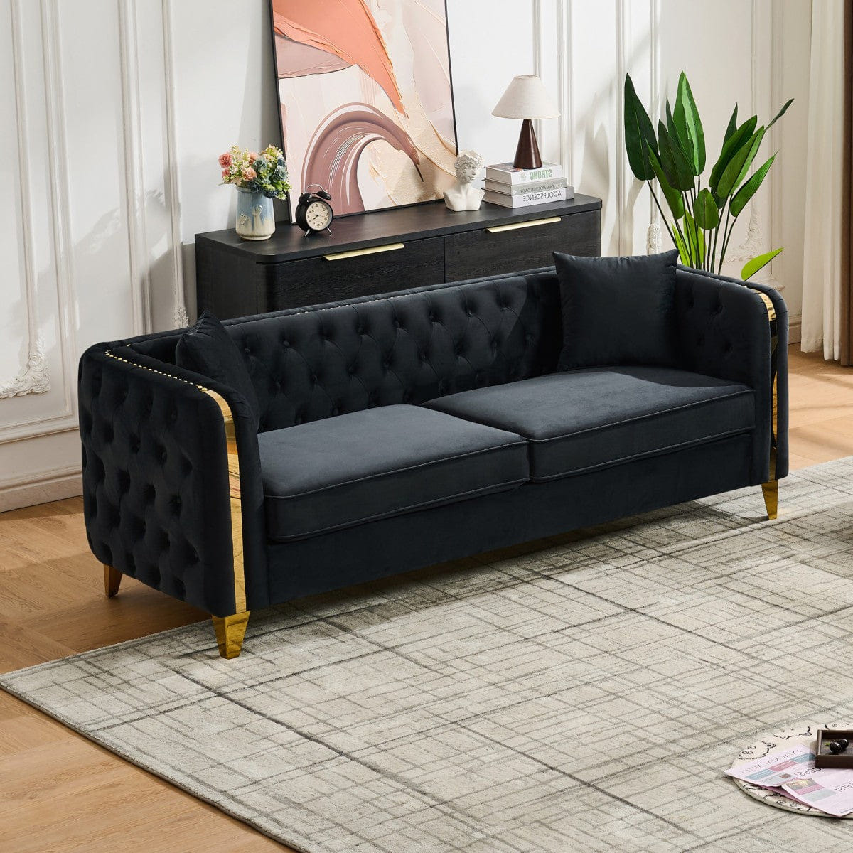 Chesterfield Streamdale 81" Velvet Chesterfield Sofa with Gold Legs, Black
