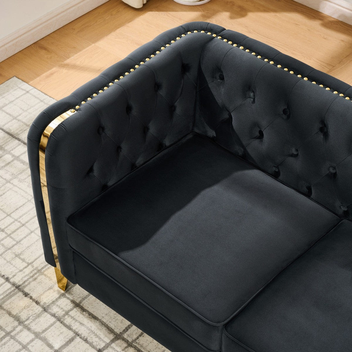 Chesterfield Streamdale 81" Velvet Chesterfield Sofa with Gold Legs, Black