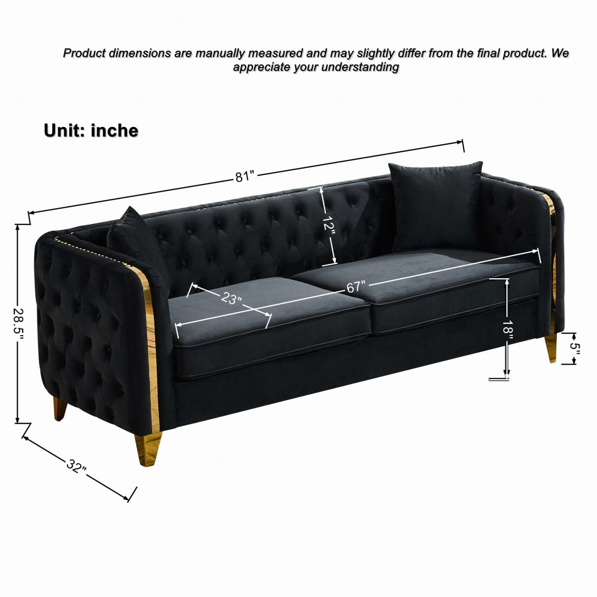 Chesterfield Streamdale 81" Velvet Chesterfield Sofa with Gold Legs, Black
