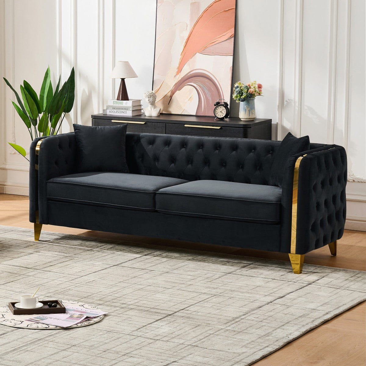 Chesterfield Streamdale 81" Velvet Chesterfield Sofa with Gold Legs, Black