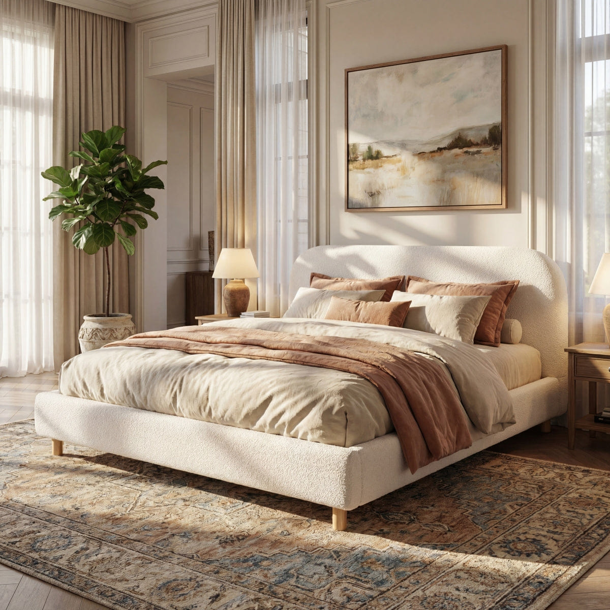 WHITE* Streamdale California King Upholstered Boucle Bed with Curved Headboard, White