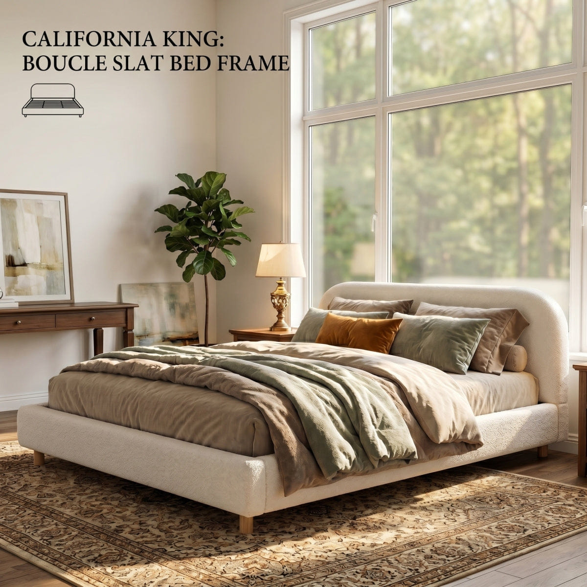 WHITE* Streamdale California King Upholstered Boucle Bed with Curved Headboard, White