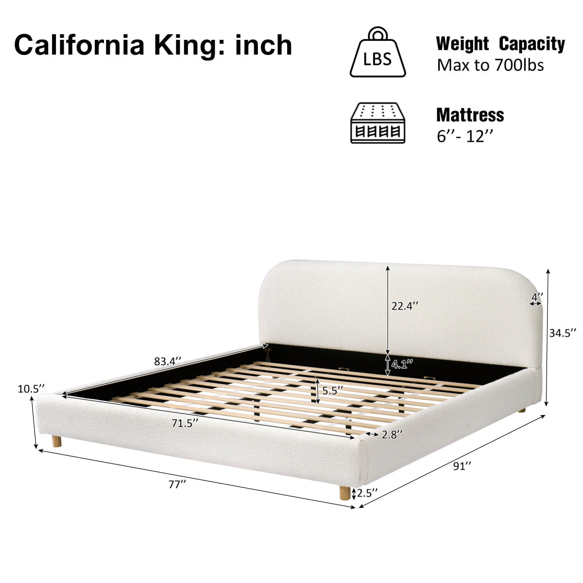 WHITE* Streamdale California King Upholstered Boucle Bed with Curved Headboard, White