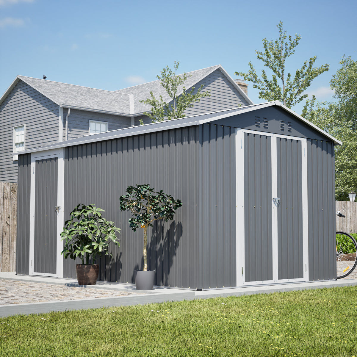 OUTDOOR Streamdale 8x12 FT Outdoor Metal Storage Shed with Side Door, Grey