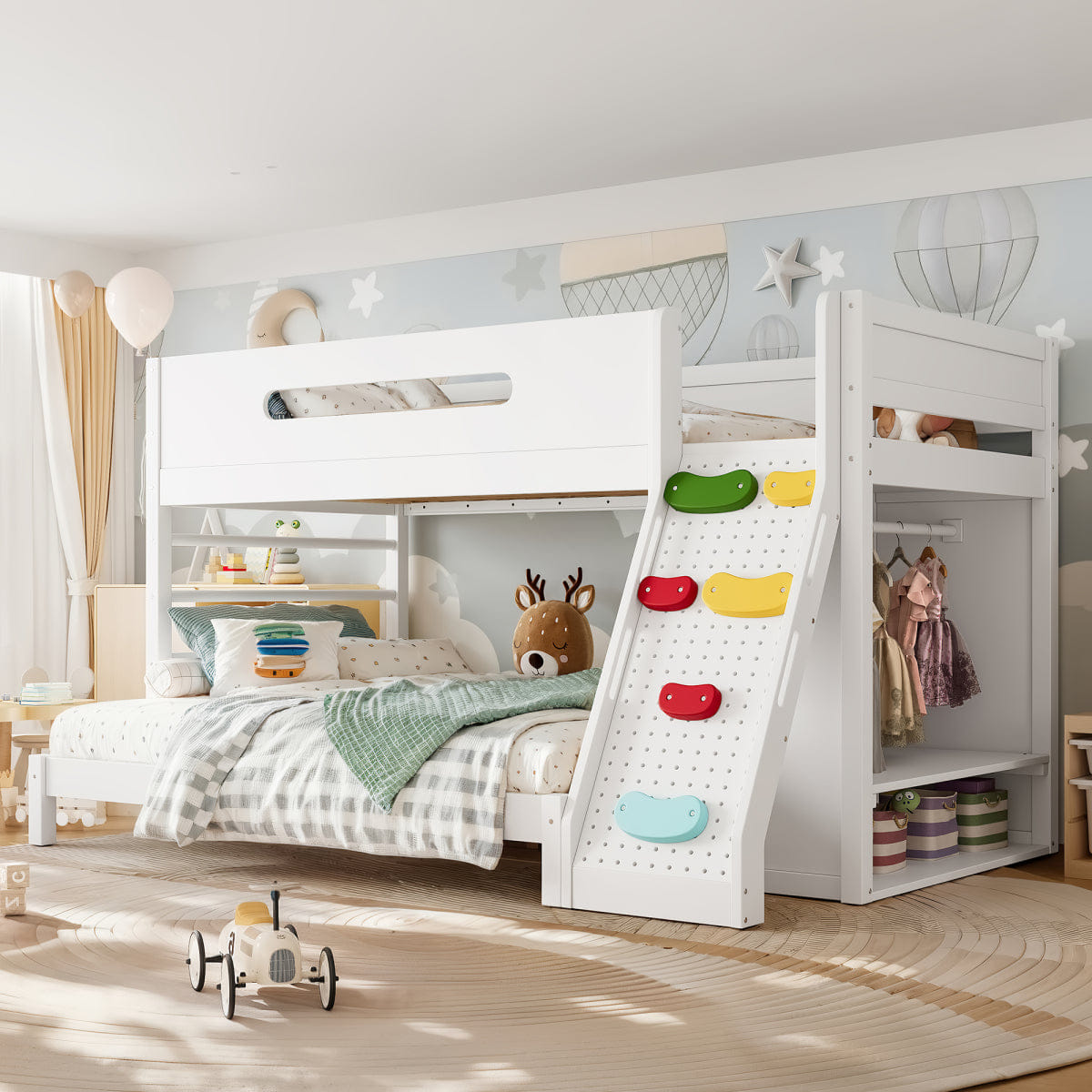 WHITE* Streamdale Twin/Full Wood Bunk Bed with Wardrobe, Storage & Rock Climbing Wall, White