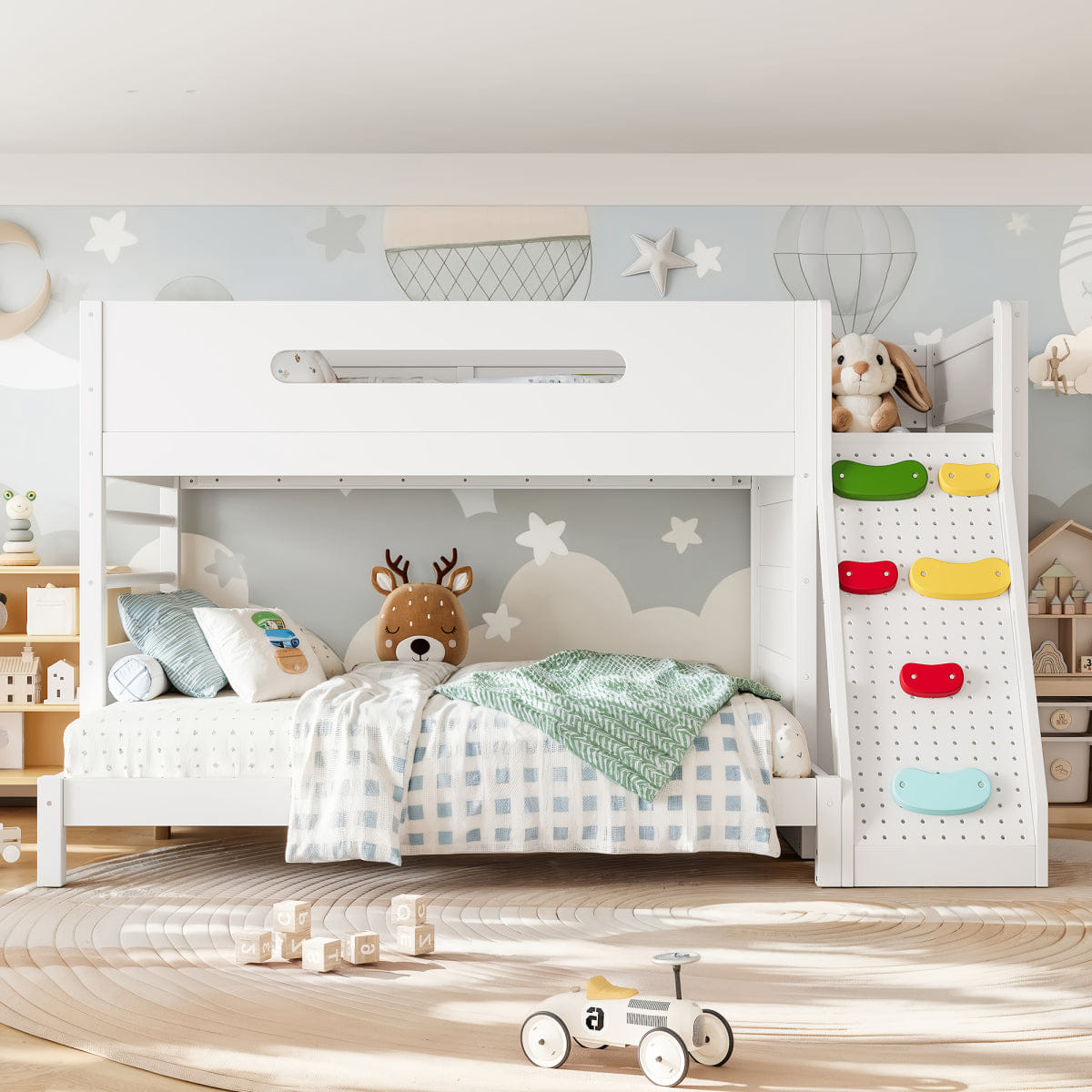 WHITE* Streamdale Twin/Full Wood Bunk Bed with Wardrobe, Storage & Rock Climbing Wall, White