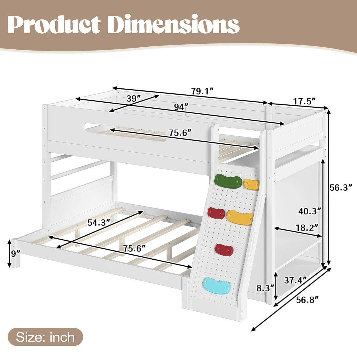 WHITE* Streamdale Twin/Full Wood Bunk Bed with Wardrobe, Storage & Rock Climbing Wall, White