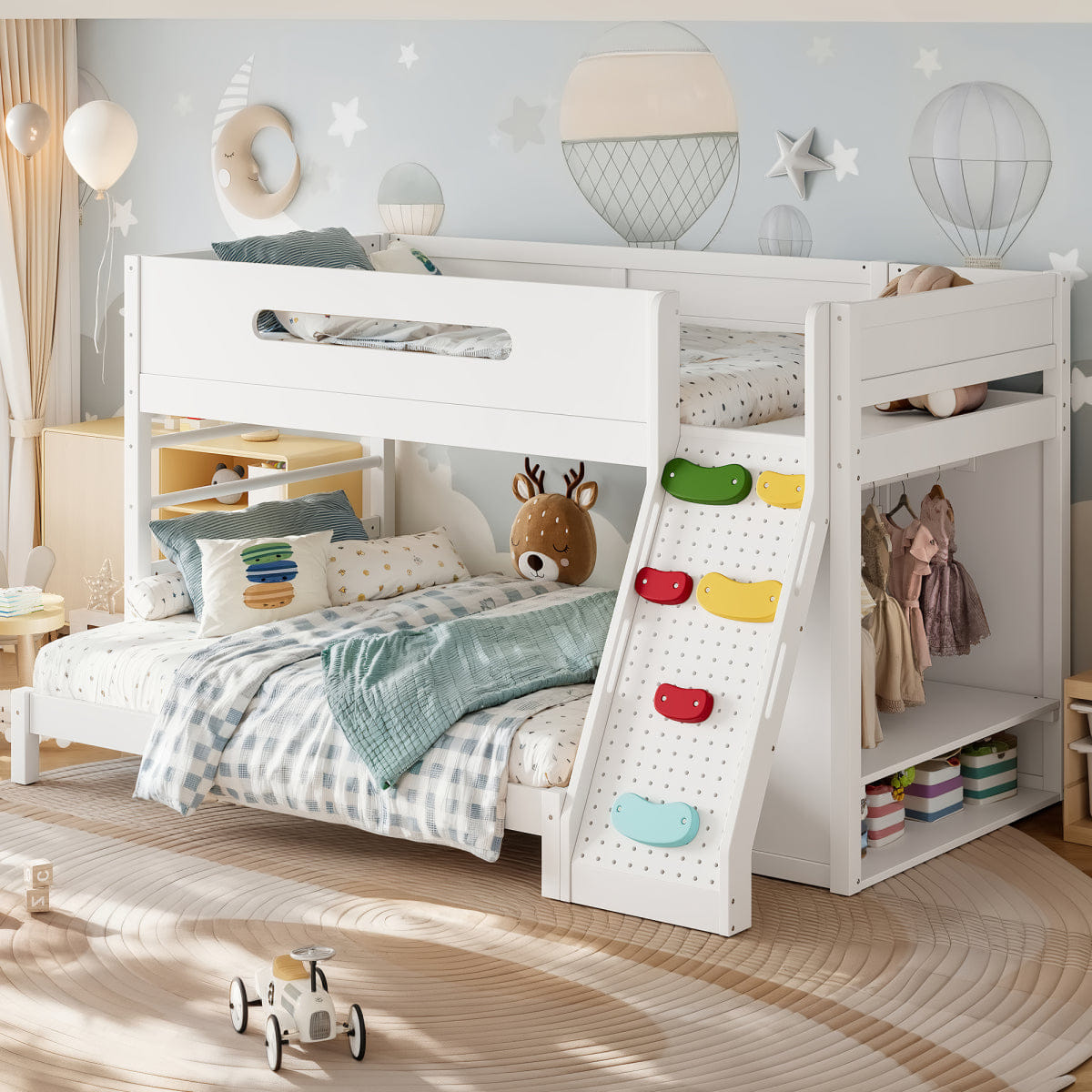 WHITE* Streamdale Twin/Full Wood Bunk Bed with Wardrobe, Storage & Rock Climbing Wall, White