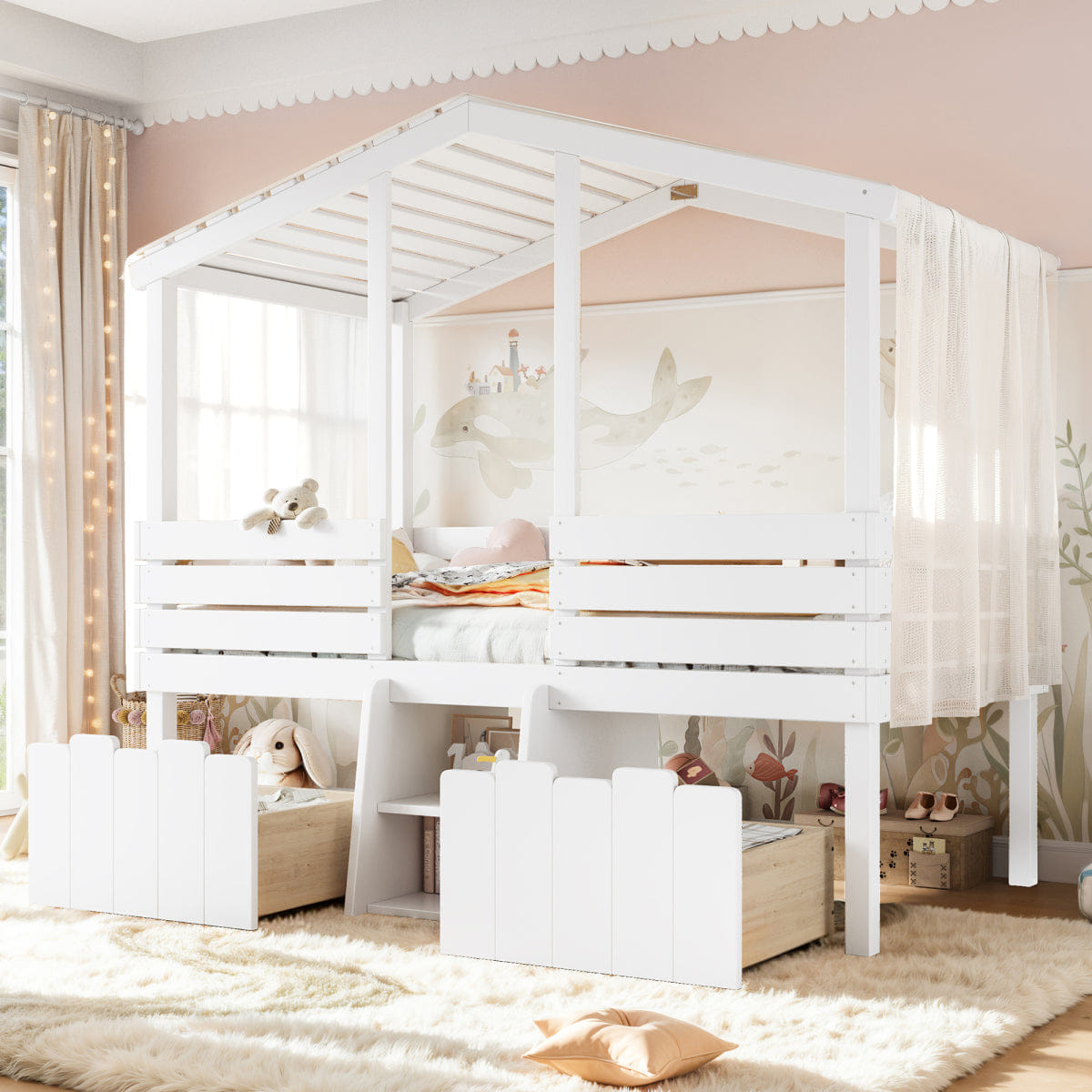 WHITE* Streamdale Twin House Loft Bed with Stairs and Storage Drawers, White