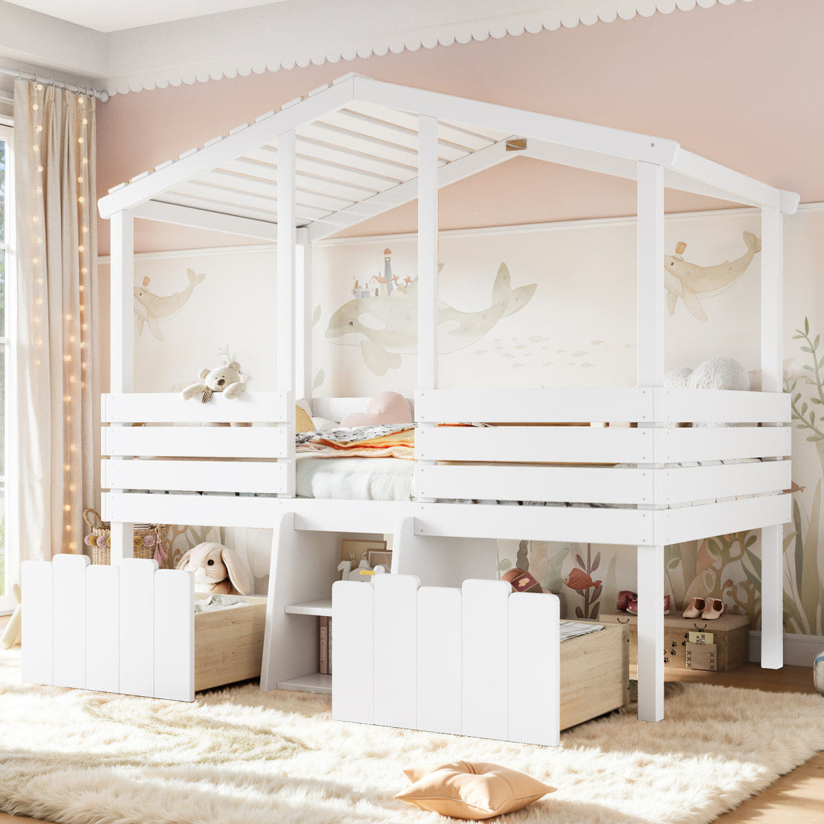 WHITE* Streamdale Twin House Loft Bed with Stairs and Storage Drawers, White