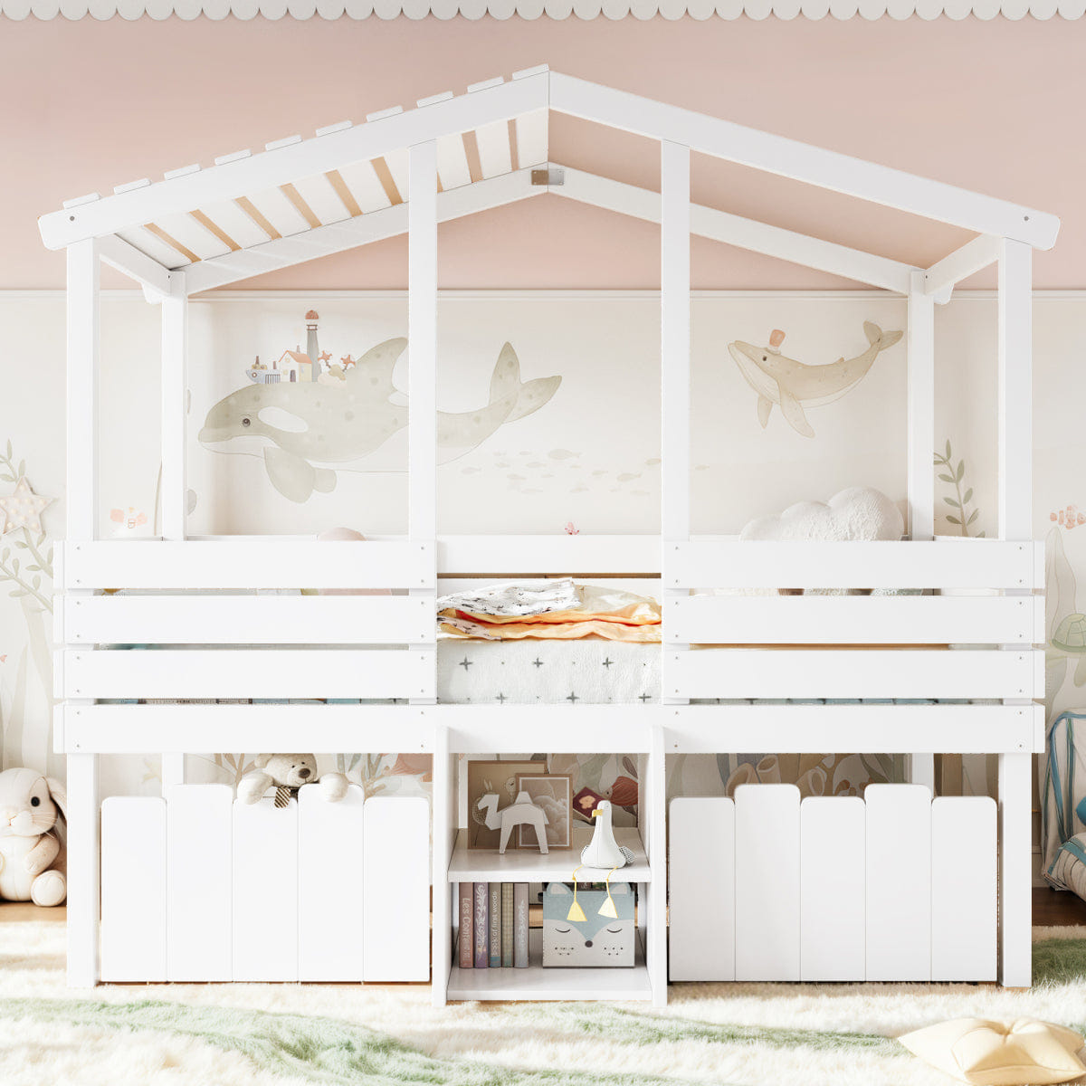 WHITE* Streamdale Twin House Loft Bed with Stairs and Storage Drawers, White