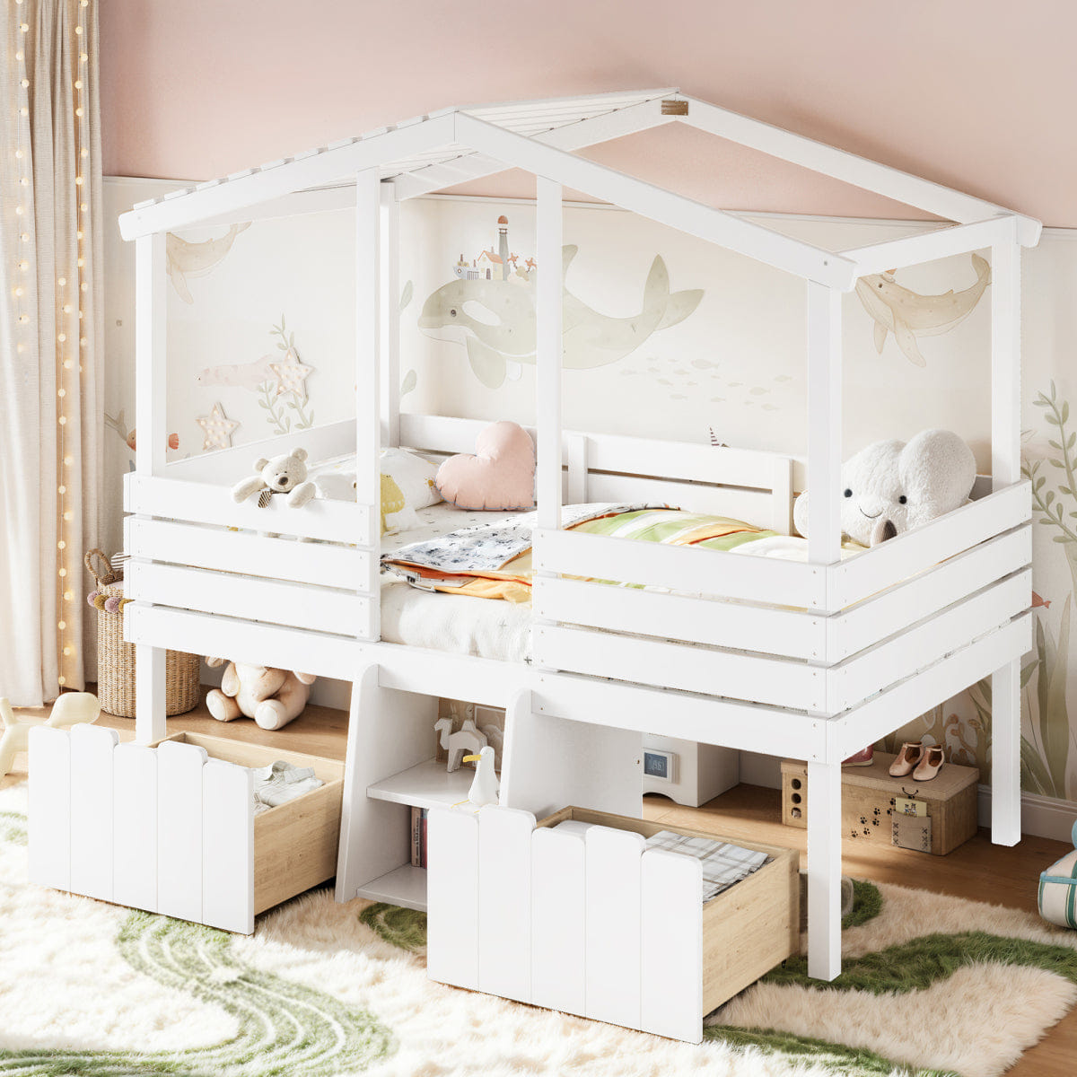 WHITE* Streamdale Twin House Loft Bed with Stairs and Storage Drawers, White