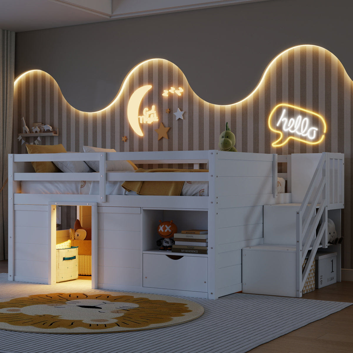 !SOLID Streamdale Full Size Solid Wood Low Loft Bed with Stairs, Drawers & LED Lights, White