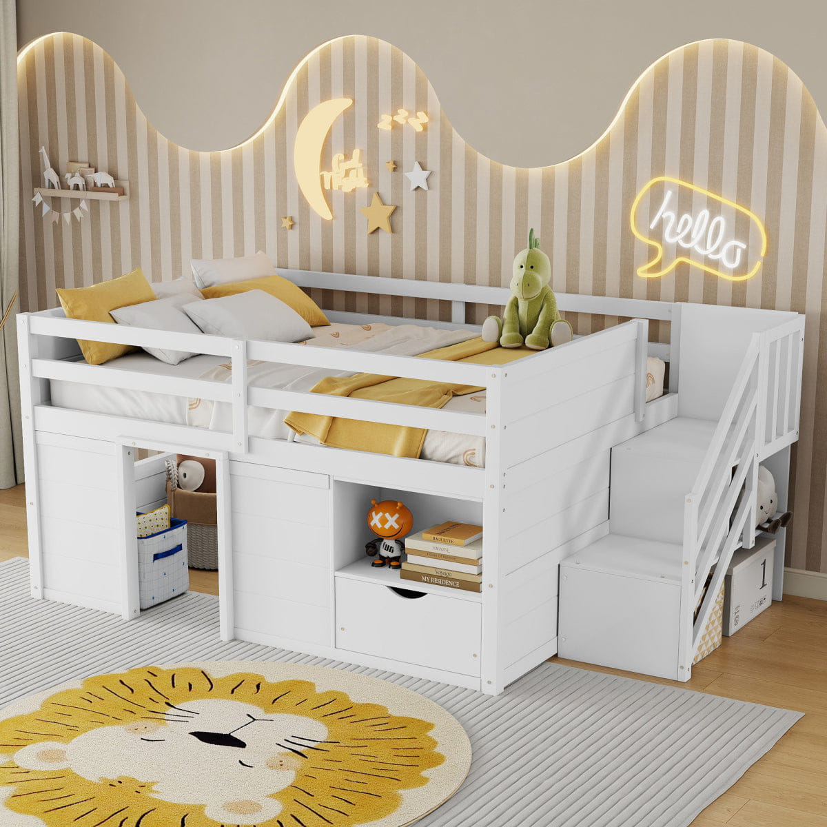 !SOLID Streamdale Full Size Solid Wood Low Loft Bed with Stairs, Drawers & LED Lights, White