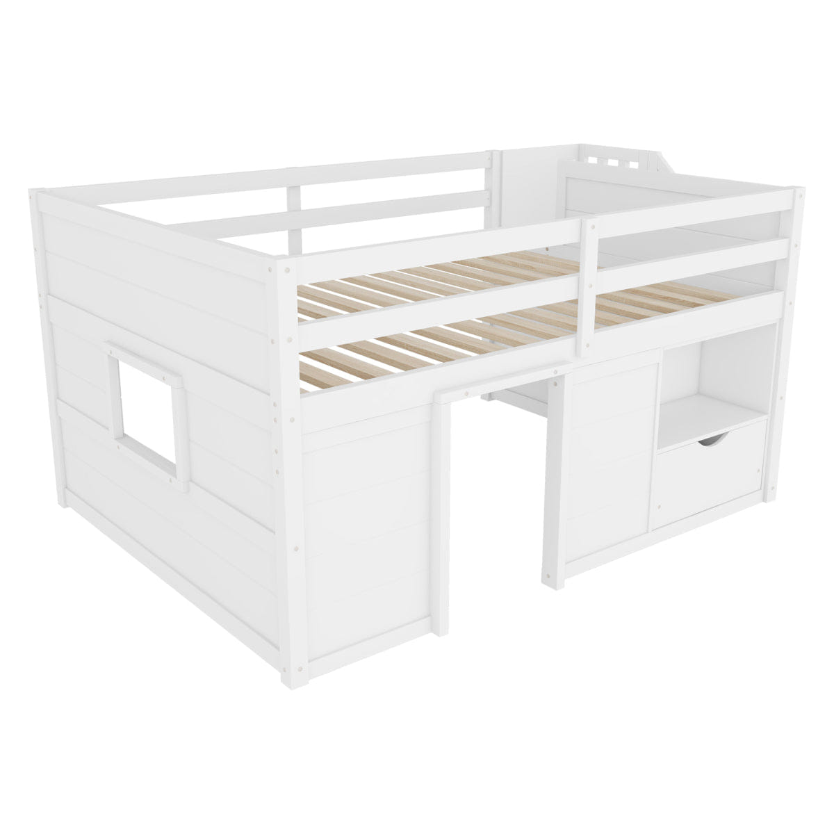 !SOLID Streamdale Full Size Solid Wood Low Loft Bed with Stairs, Drawers & LED Lights, White