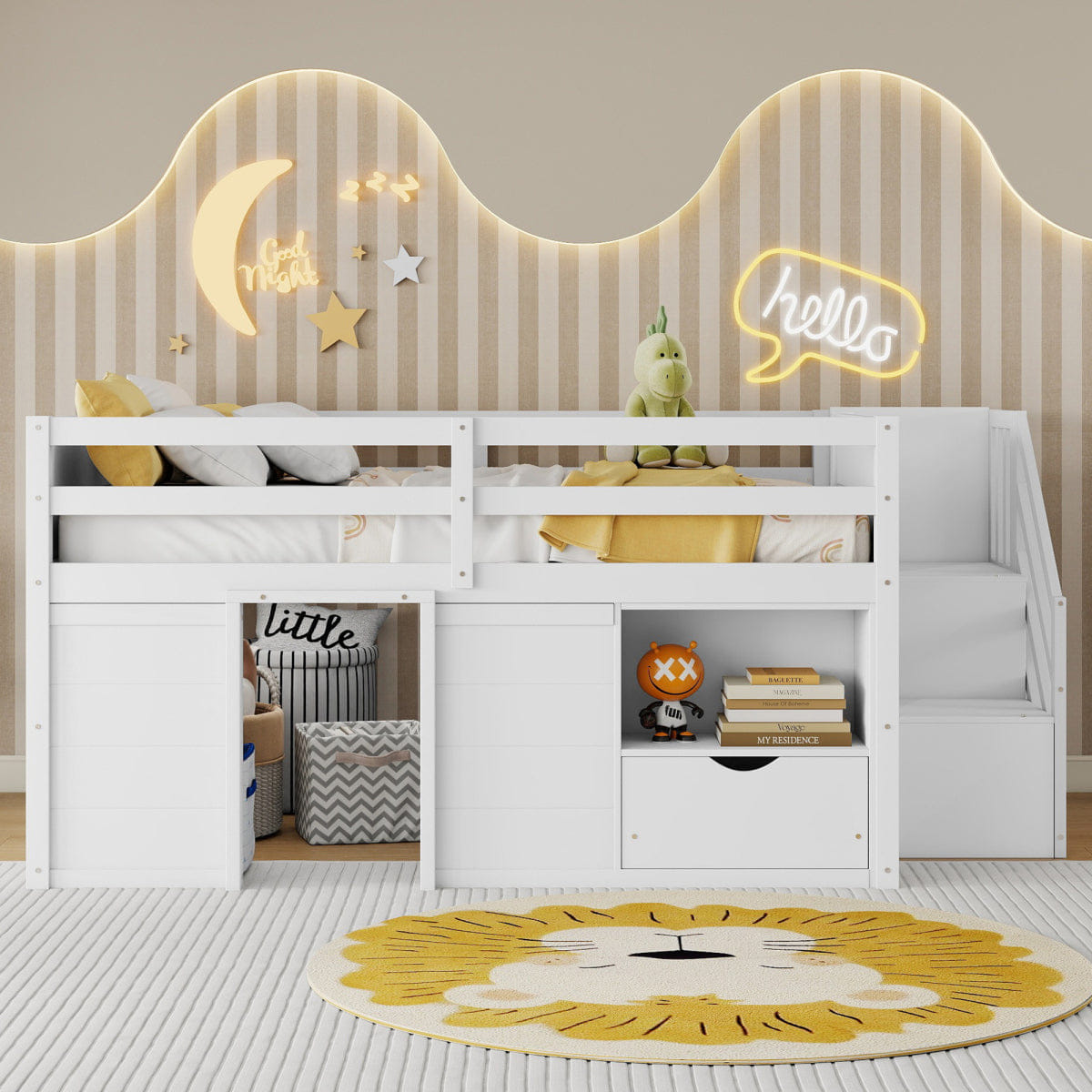 !SOLID Streamdale Full Size Solid Wood Low Loft Bed with Stairs, Drawers & LED Lights, White
