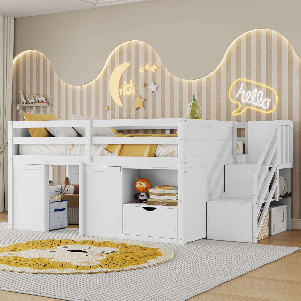 !SOLID Streamdale Full Size Solid Wood Low Loft Bed with Stairs, Drawers & LED Lights, White