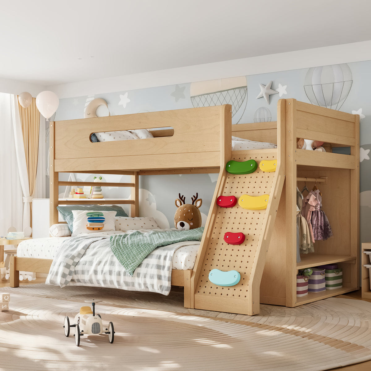 !SOLID Streamdale Solid Wood Twin over Full Bunk Bed with Wardrobe and Storage, Natural