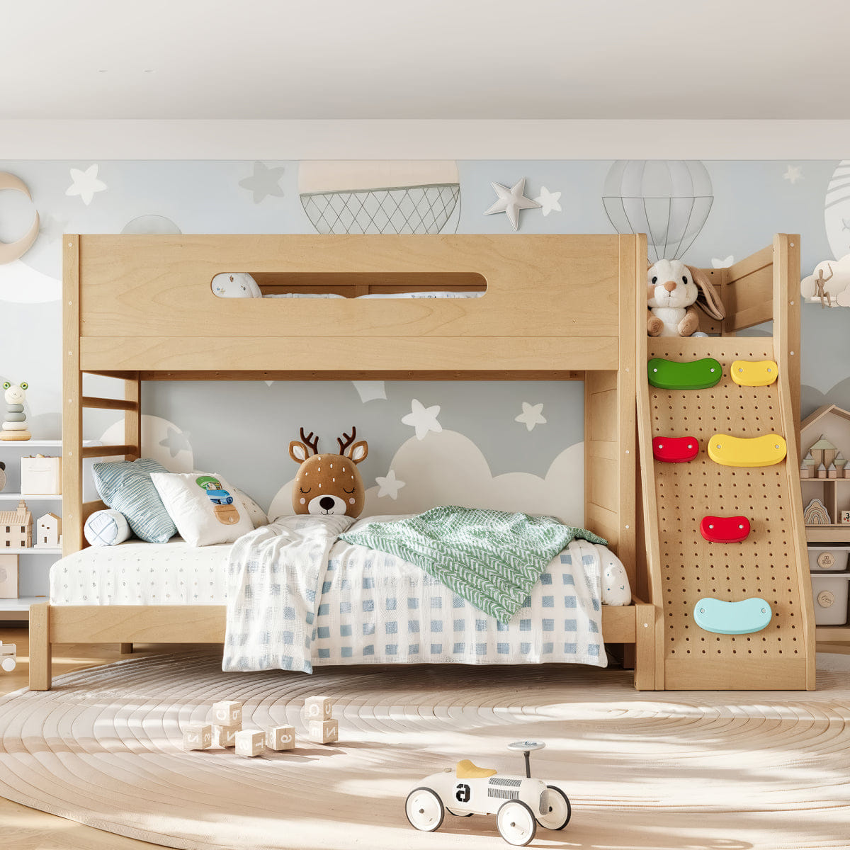 !SOLID Streamdale Solid Wood Twin over Full Bunk Bed with Wardrobe and Storage, Natural