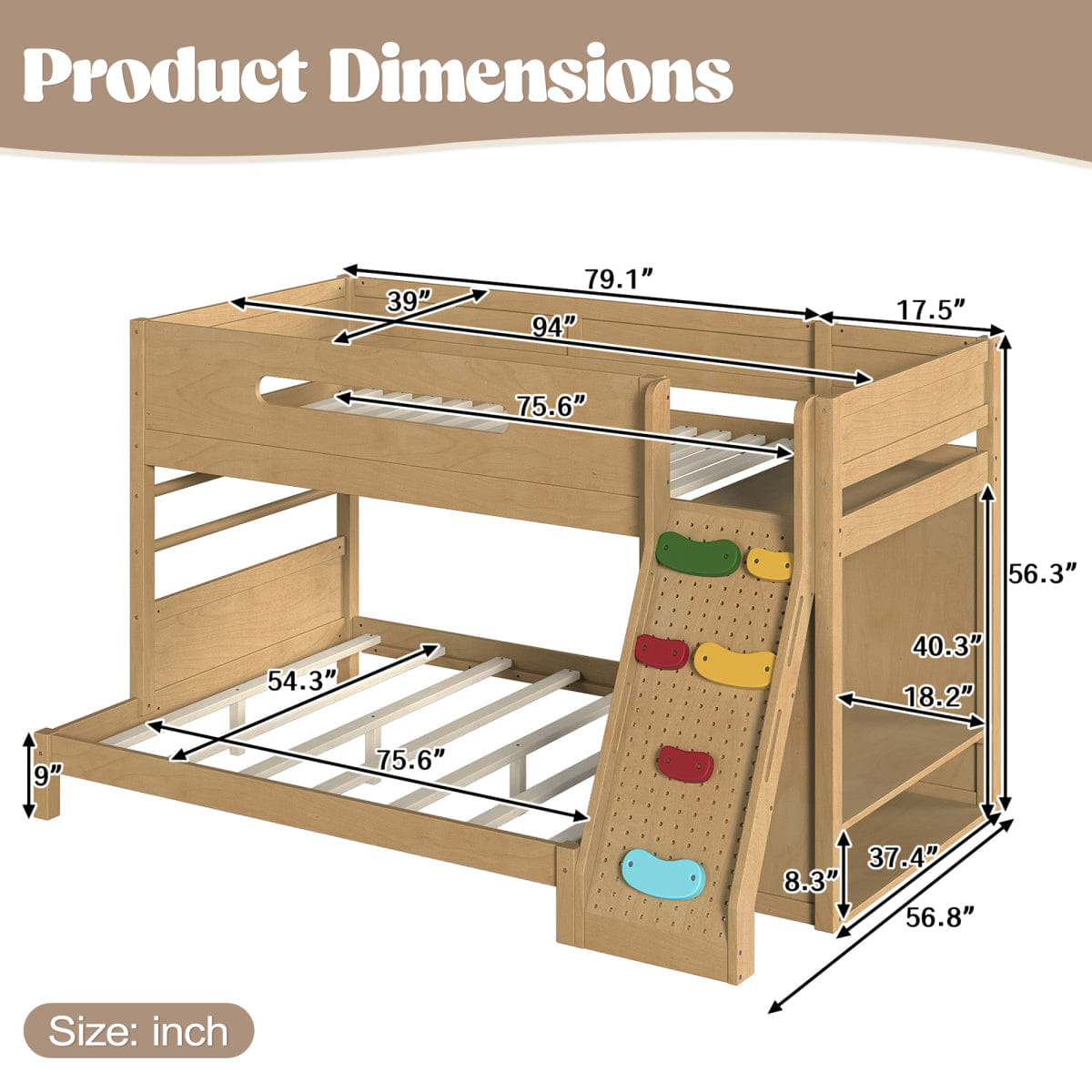 !SOLID Streamdale Solid Wood Twin over Full Bunk Bed with Wardrobe and Storage, Natural