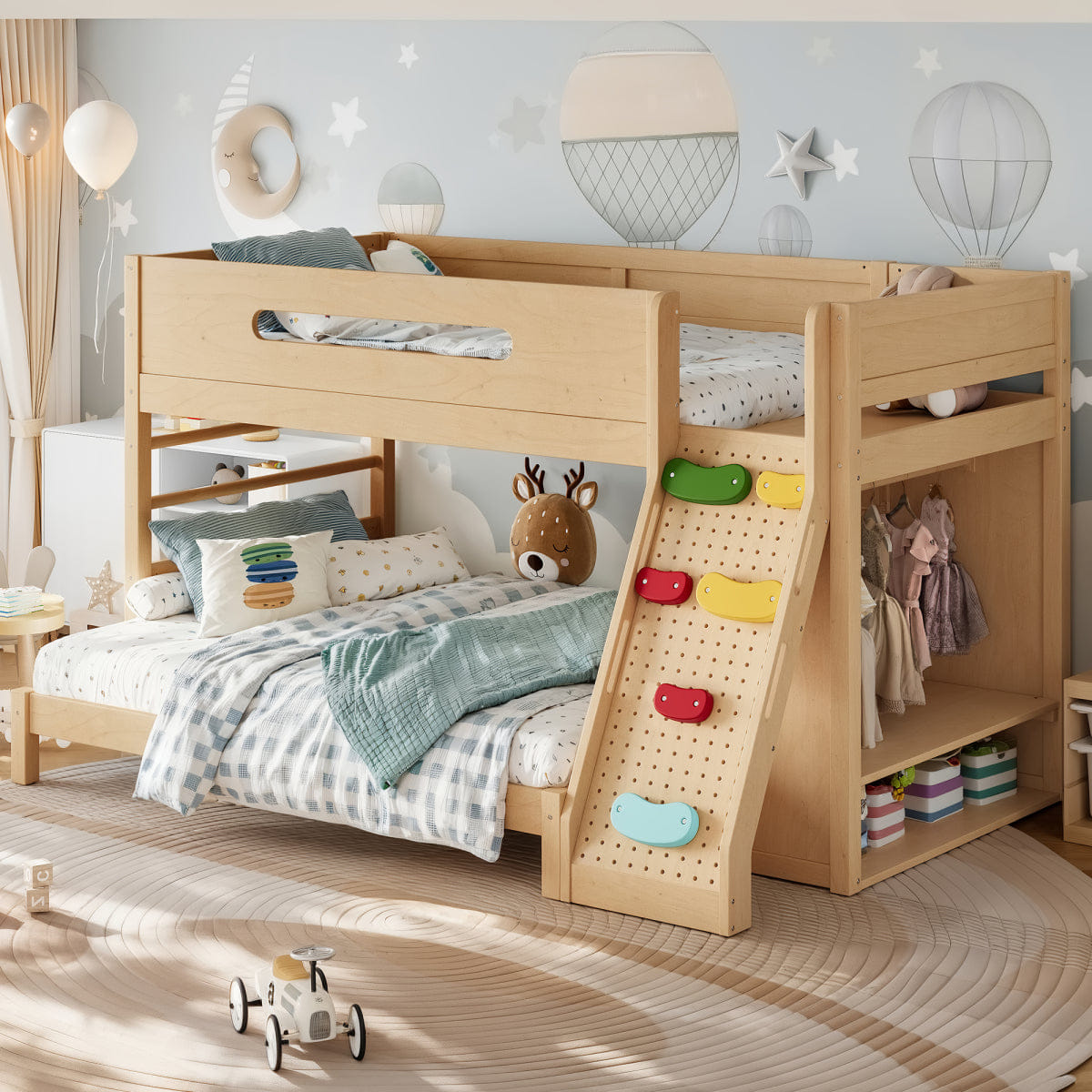 !SOLID Streamdale Solid Wood Twin over Full Bunk Bed with Wardrobe and Storage, Natural