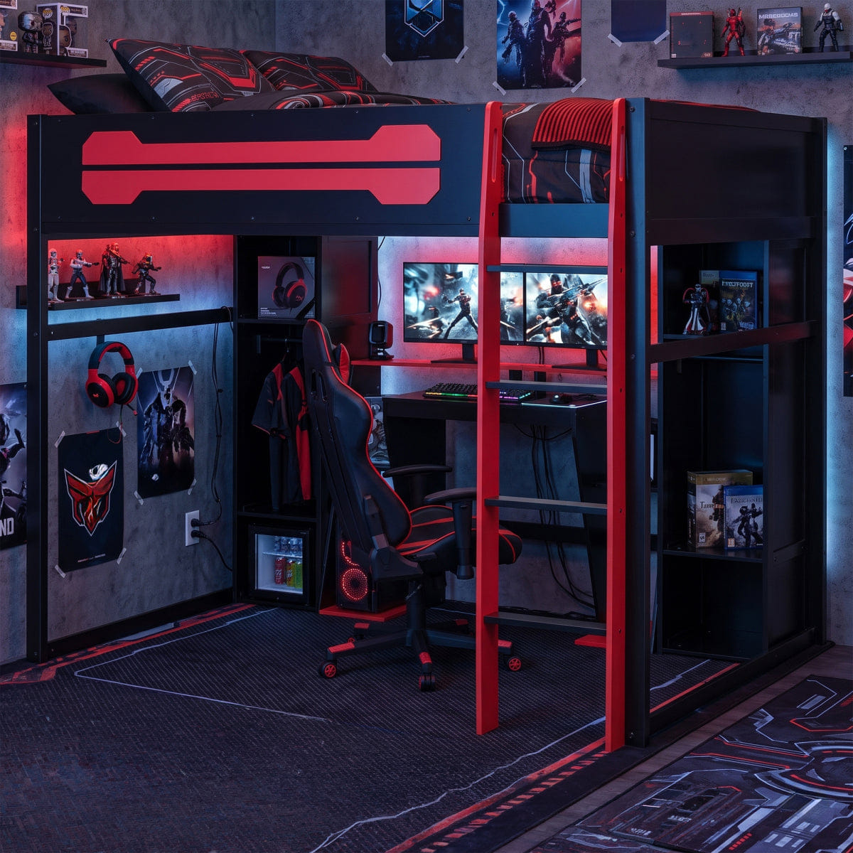 Loft Streamdale Full - Size Wooden Gaming Loft Bed with Desk, RGB LED & Wardrobe - Red